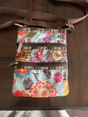LeSportsac Brown-Strap Floral Crossbody in Blue and Pink Accents